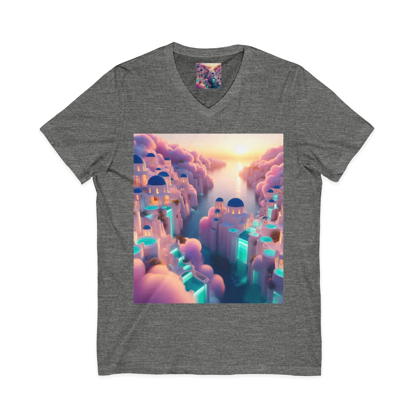 Dreamscape Sunset V-Neck Tee — Floating City Cloudscape Graphic Tee