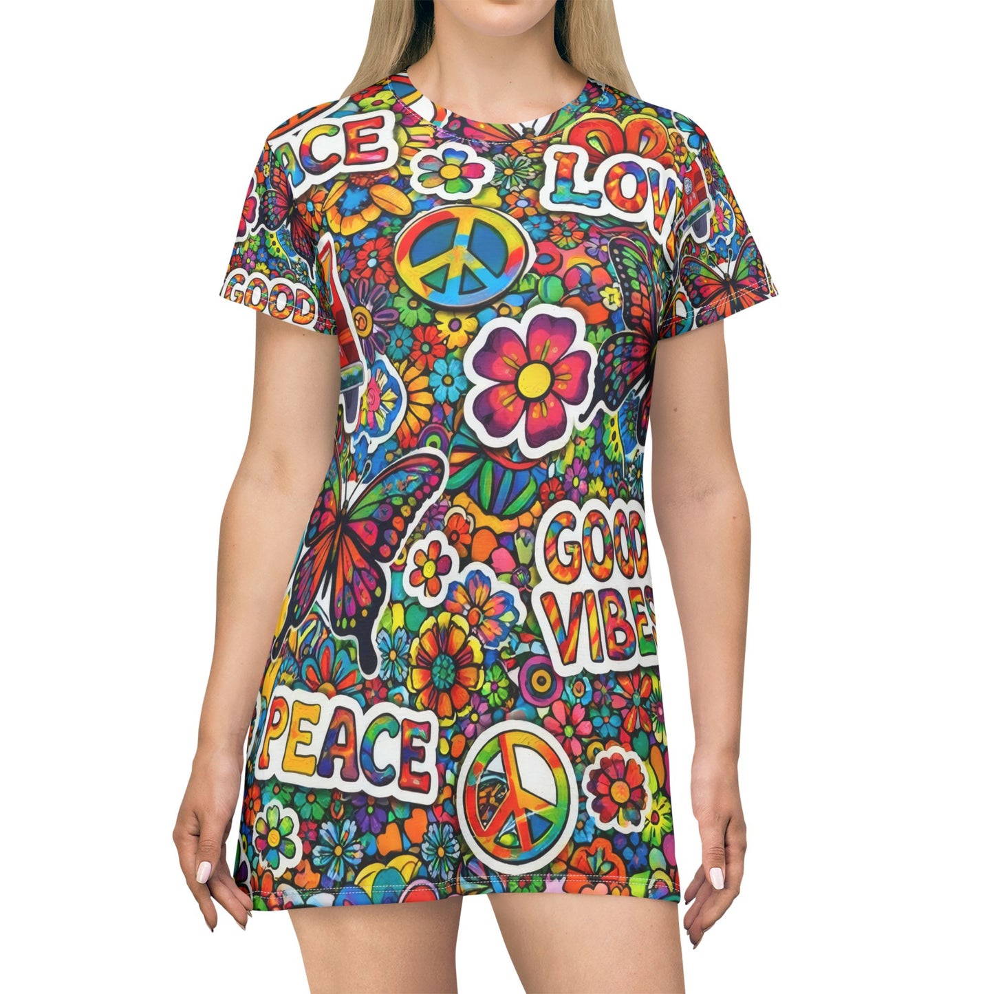Peace & Love Hippie T‑Shirt Dress — Good Vibes All‑Over Print
