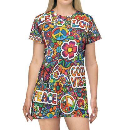Peace & Love Hippie T‑Shirt Dress — Good Vibes All‑Over Print