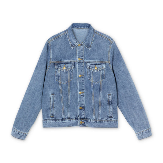 Men's Denim Jacket with Colorful Retro Psychedelic Back Patch — Vibrant 70s Swirl Design