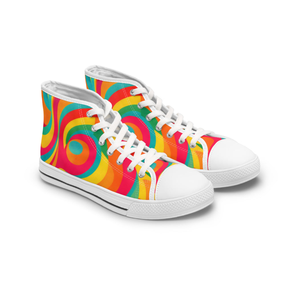 Colorful high-top sneakers with a swirling pattern on a white background