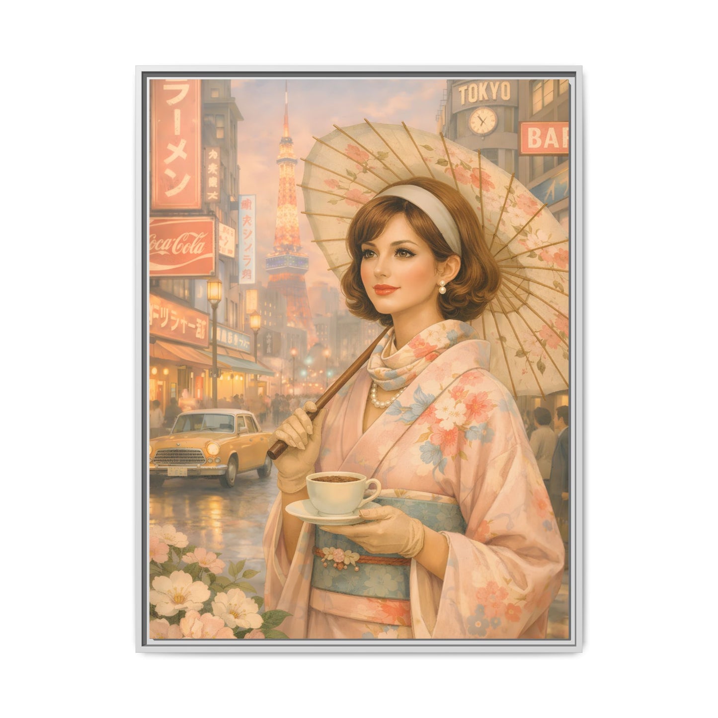 Elegant vintage woman in kimono holding parasol in Tokyo — Framed Matte Canvas Wall Art