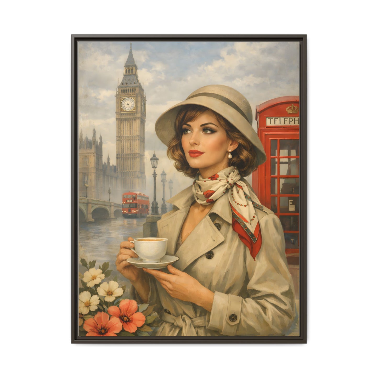 Elegant vintage woman drinking tea in front of Big Ben in London, retro British travel fashion illustration Matte Canvas