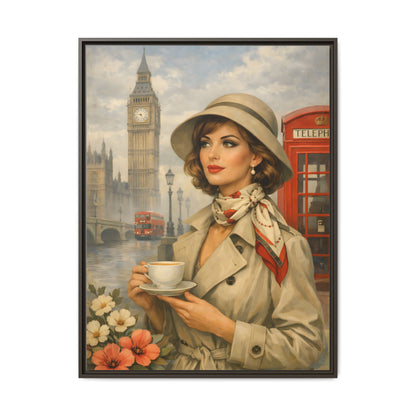 Elegant vintage woman drinking tea in front of Big Ben in London, retro British travel fashion illustration Matte Canvas