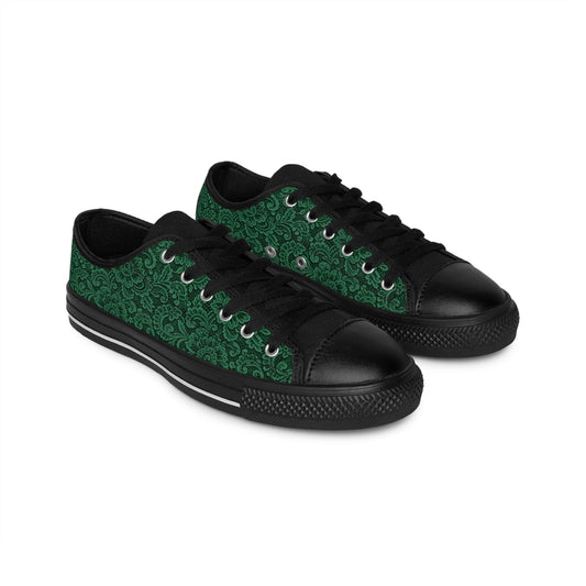 Green Floral Lace Pattern Women's Sneakers — Casual Low-Top Canvas Shoes