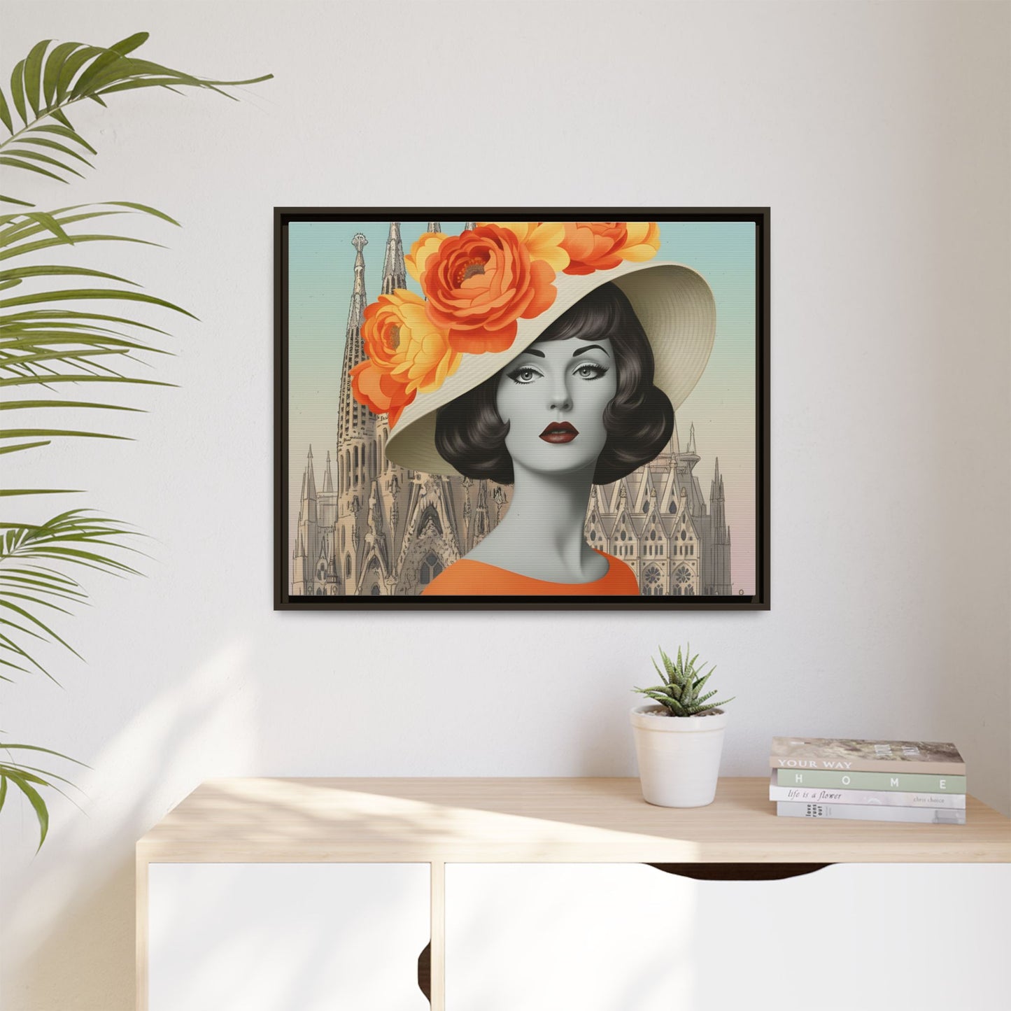 Elegant Vintage Woman with Coffee in front of Sagrada Familia in Barcelona — Retro Pop Art Framed Matte Canvas