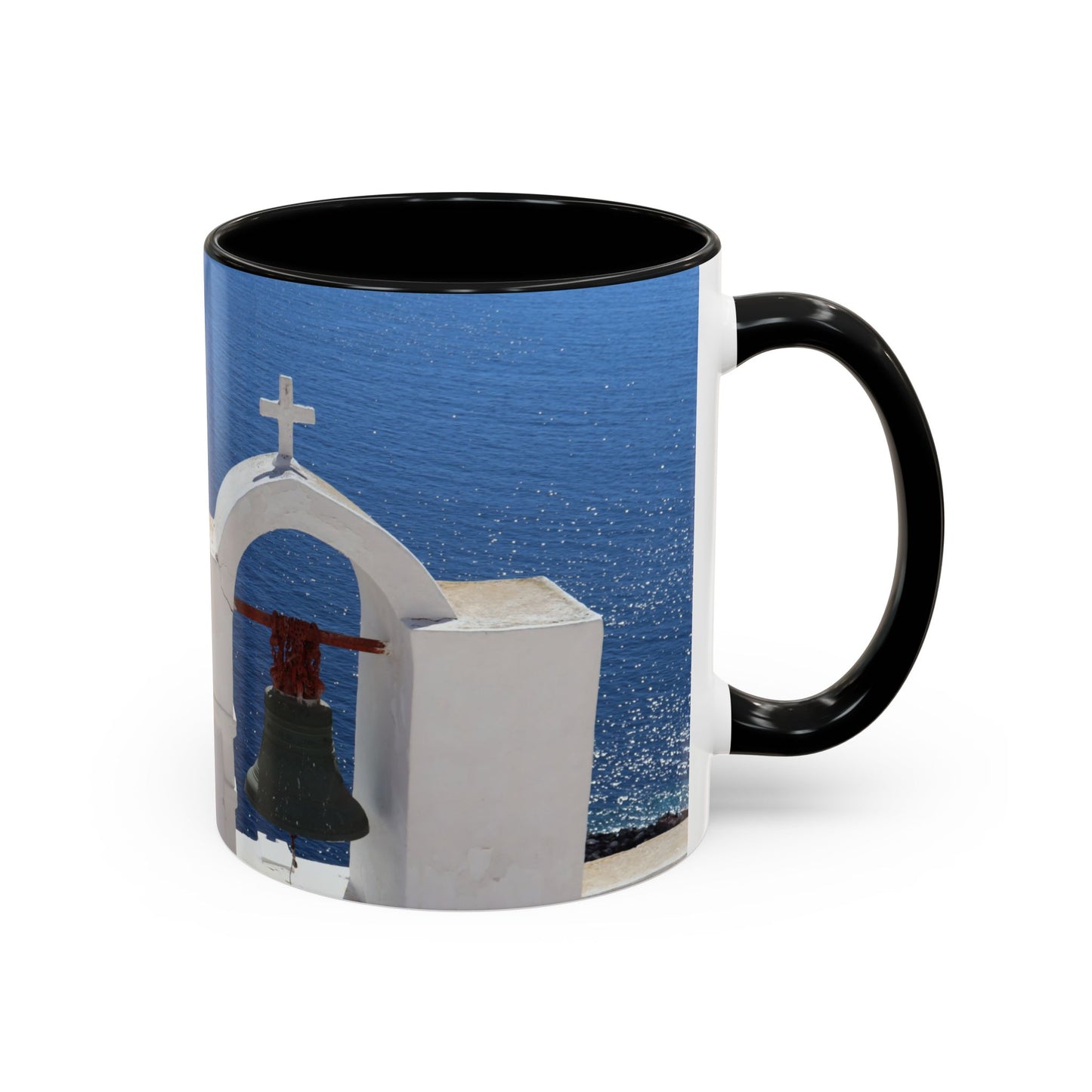 Santorini Bell Towers coffee mug | Greek island scene, blue sea accent mug