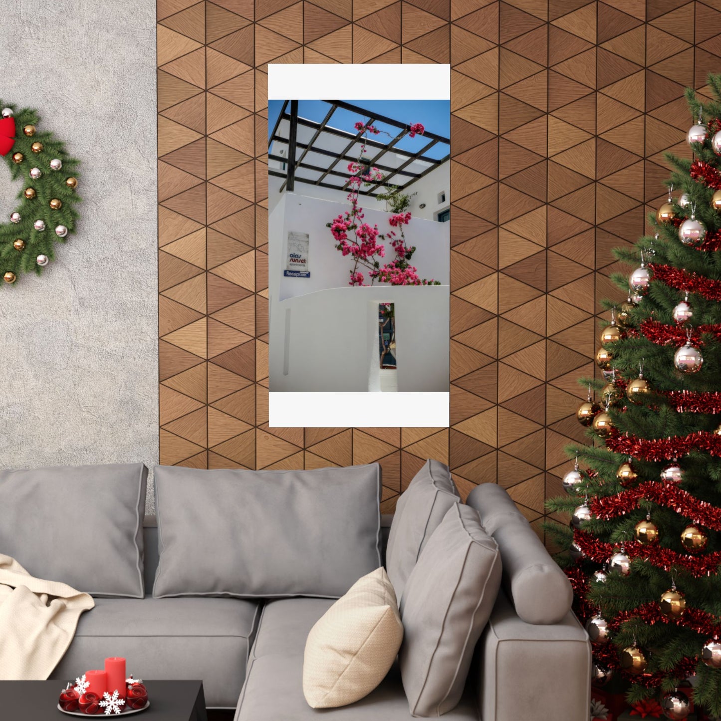 Santorini Bougainvillea Poster, Oia Greece White Architecture Art, Mediterranean Floral Wall Decor, Greek Island Photography Print Art Decor