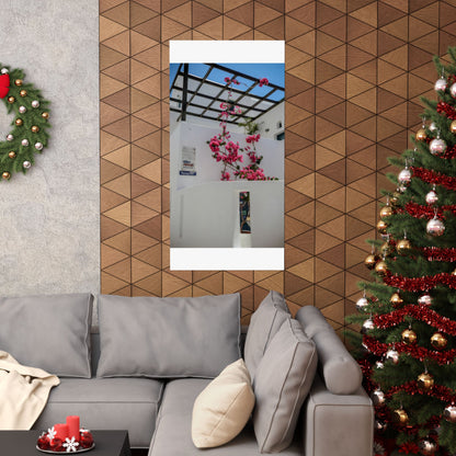 Santorini Bougainvillea Poster, Oia Greece White Architecture Art, Mediterranean Floral Wall Decor, Greek Island Photography Print Art Decor