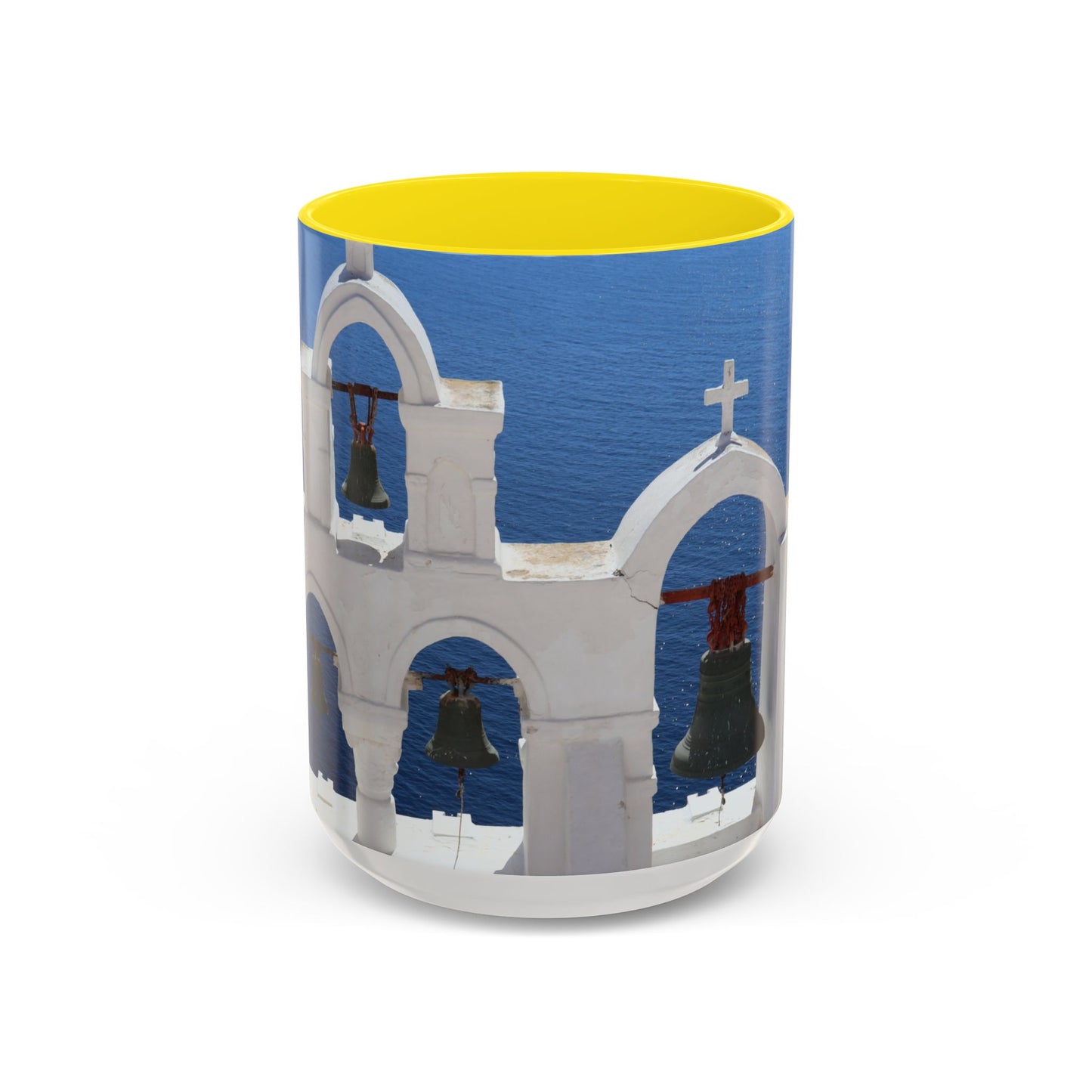 Santorini Bell Towers coffee mug | Greek island scene, blue sea accent mug