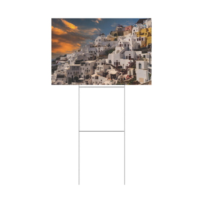 Santorini Sunset Yard Sign, Oia Greece Garden Decor, Mediterranean Outdoor Welcome Sign,