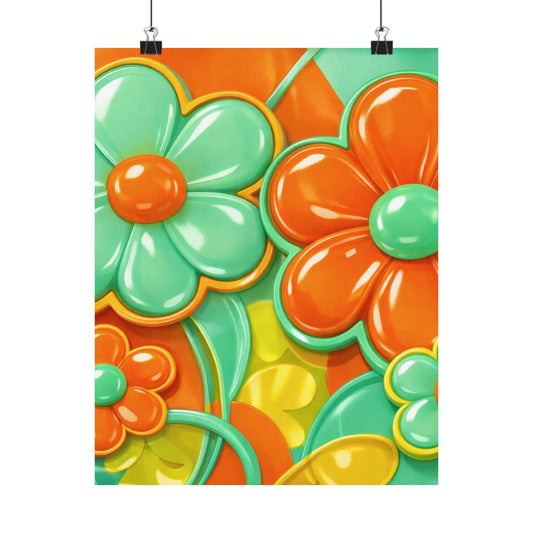 Retro Orange Teal Flower Pattern Poster | Satin Poster