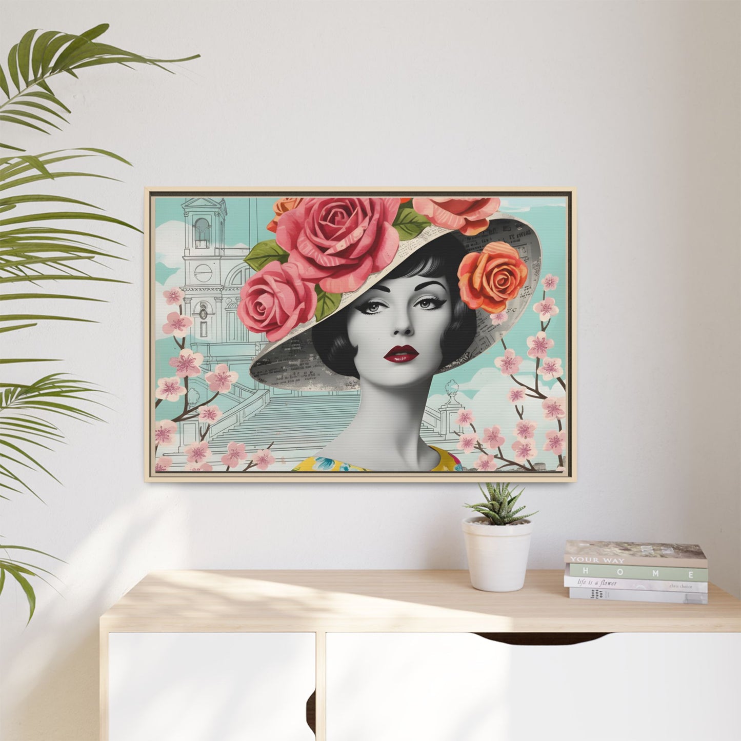 Elegant vintage pop art woman in front of Spanish Steps in Rome Canvas Print