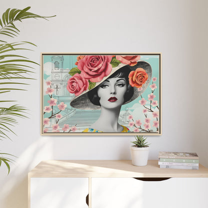 Elegant vintage pop art woman in front of Spanish Steps in Rome Canvas Print
