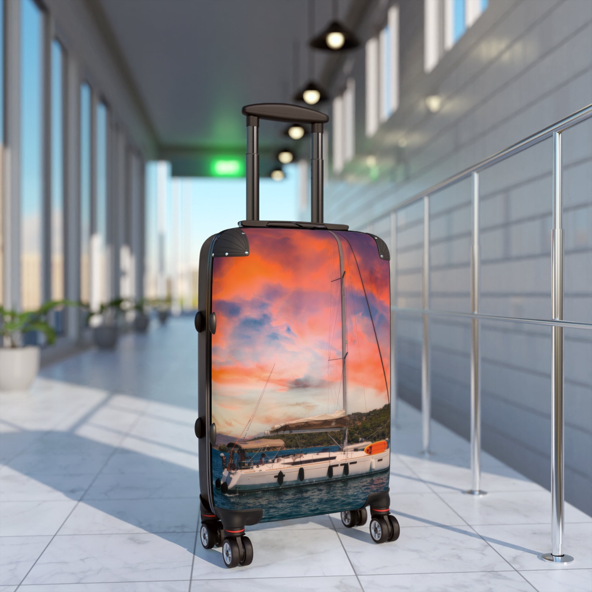 Luxury Yacht Sunset Suitcase, Mediterranean Sailing Travel Luggage, Vibrant Orange Sky Vacation Bag, Nautical Artist Design Cabin Suitcase