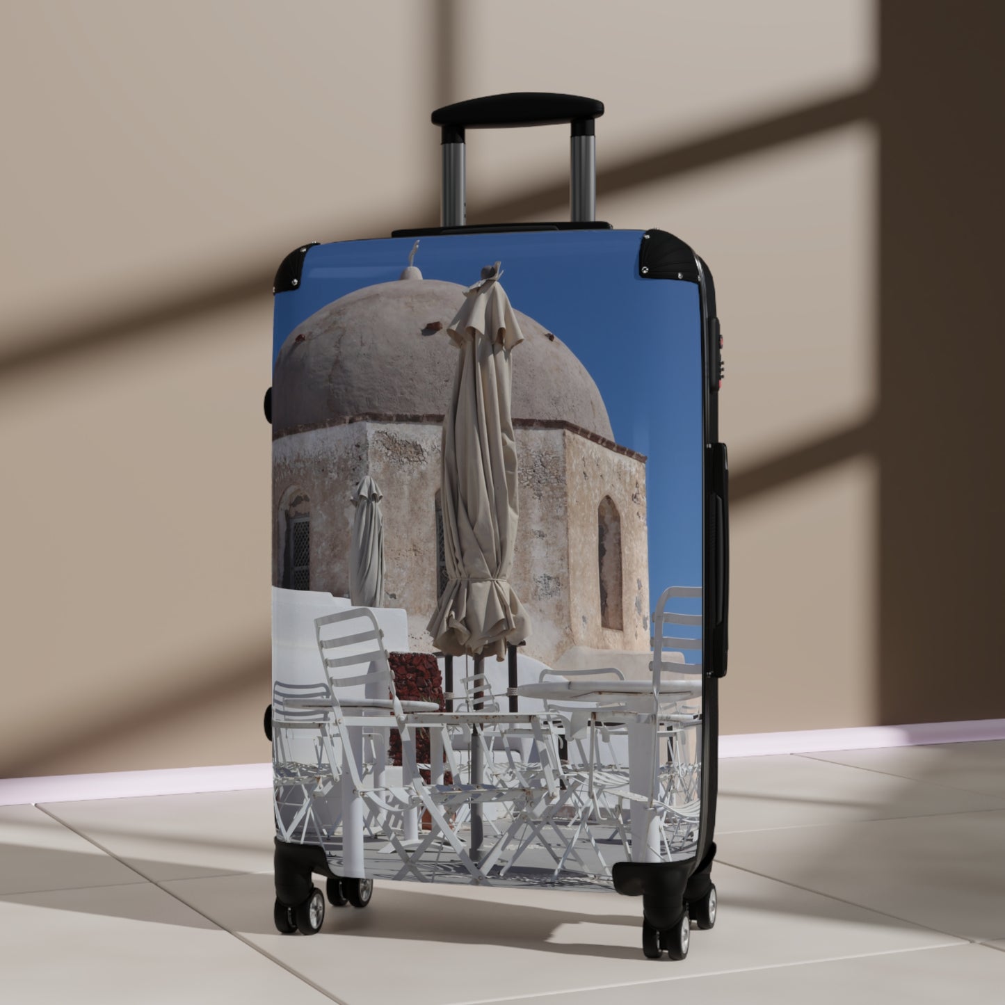Luxury Santorini Oia Suitcase — Ghost City Edition — Empty Cafe & Ancient Dome Photography