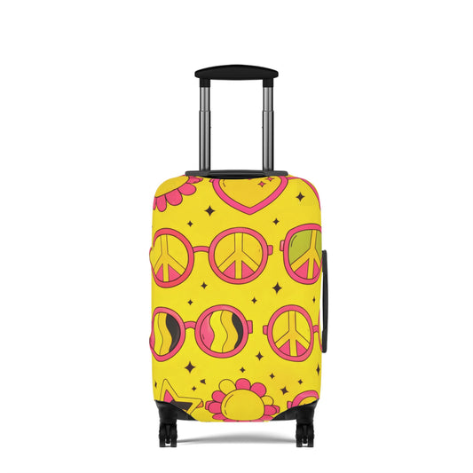Retro Sunshine Luggage Cover – Yellow Peace Sign, Hearts & Flowers Travel Protector