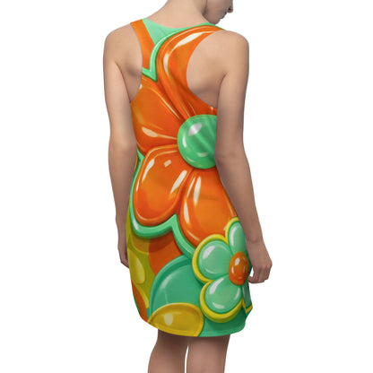 Retro Orange Green Floral Racerback Dress | Psychedelic Flower Print