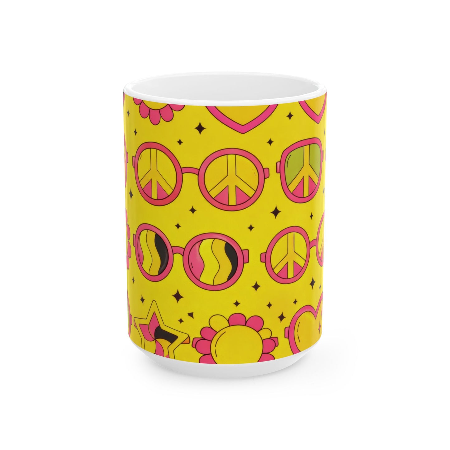 Hippie Peace Sunglasses Ceramic Mug | Retro Yellow 70s Coffee Cup (11oz, 15oz)