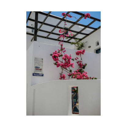 Santorini Bougainvillea Poster, Oia Greece White Architecture Art, Mediterranean Floral Wall Decor, Greek Island Photography Print Art Decor