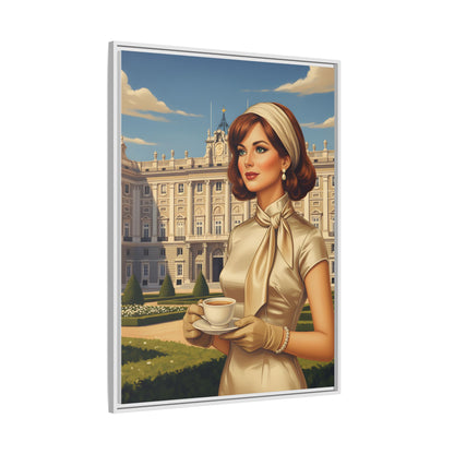 Elegant vintage woman drinking coffee in front of Royal Palace in Madrid Canvas Framed Wall Art
