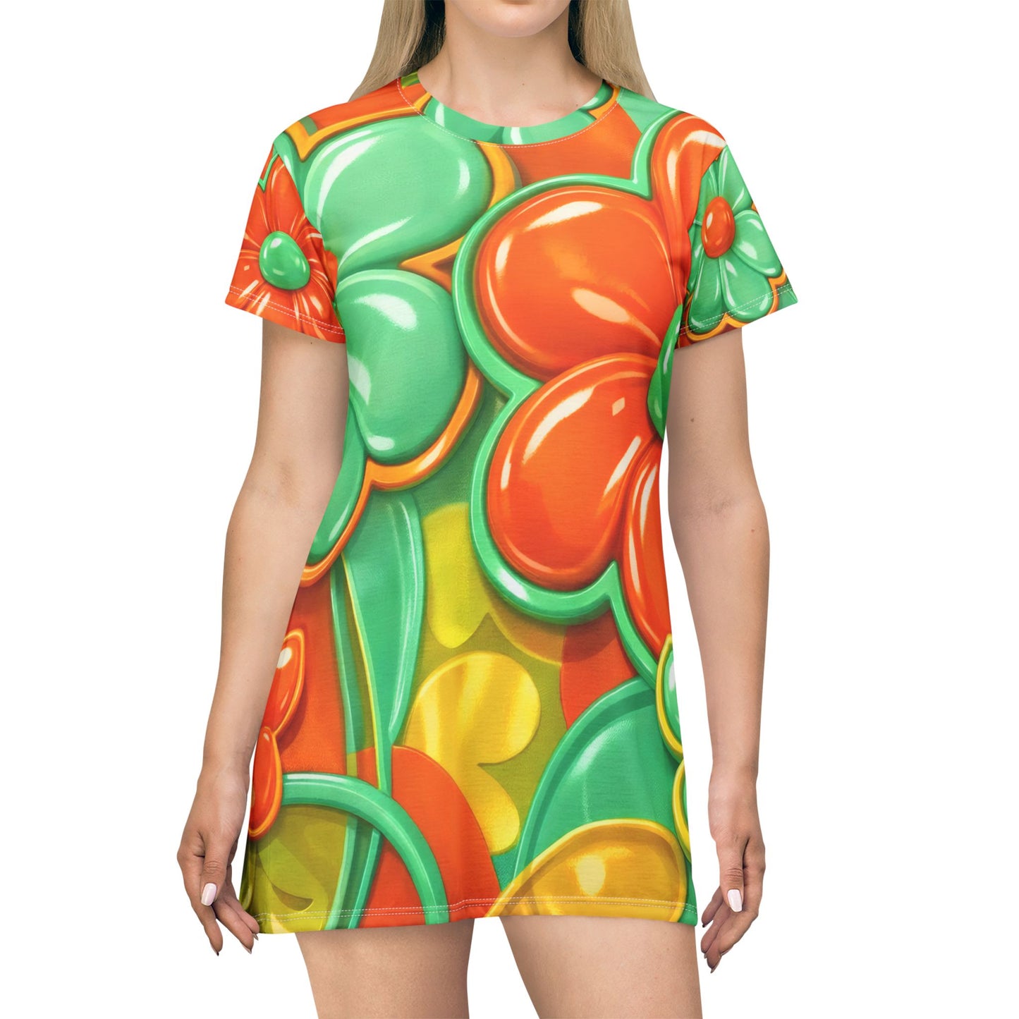 Retro Orange & Teal Floral T‑Shirt Dress — Bright 60s-Inspired All-Over Print