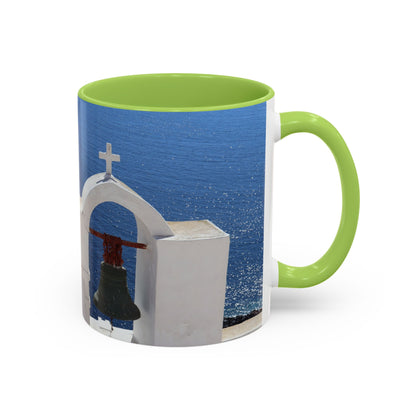 Santorini Bell Towers coffee mug | Greek island scene, blue sea accent mug