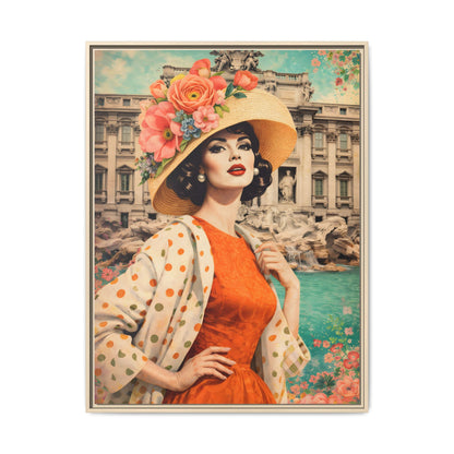Elegant glamorous vintage woman in Rome front of Trevi Fountain, retro Italian travel fashion illustration,Framed Matte Canvas Art