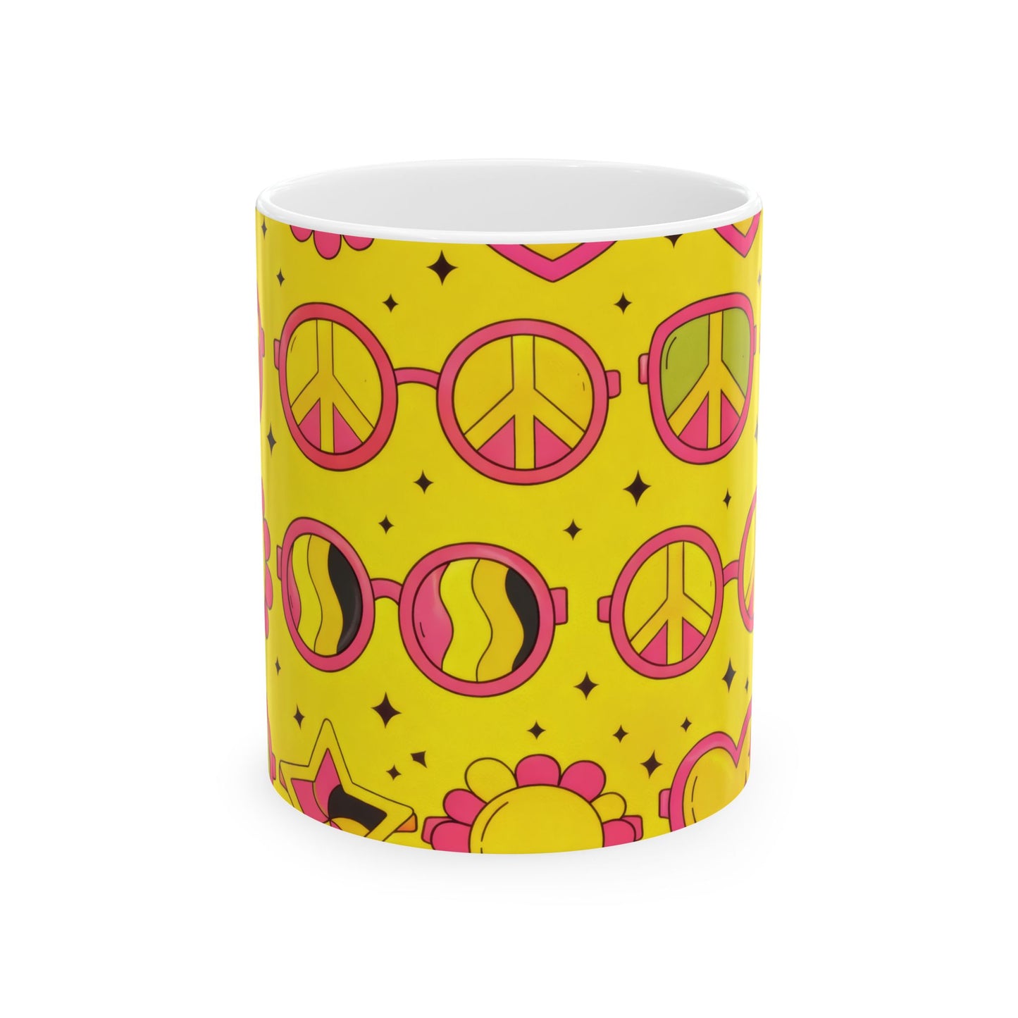 Hippie Peace Sunglasses Ceramic Mug | Retro Yellow 70s Coffee Cup (11oz, 15oz)