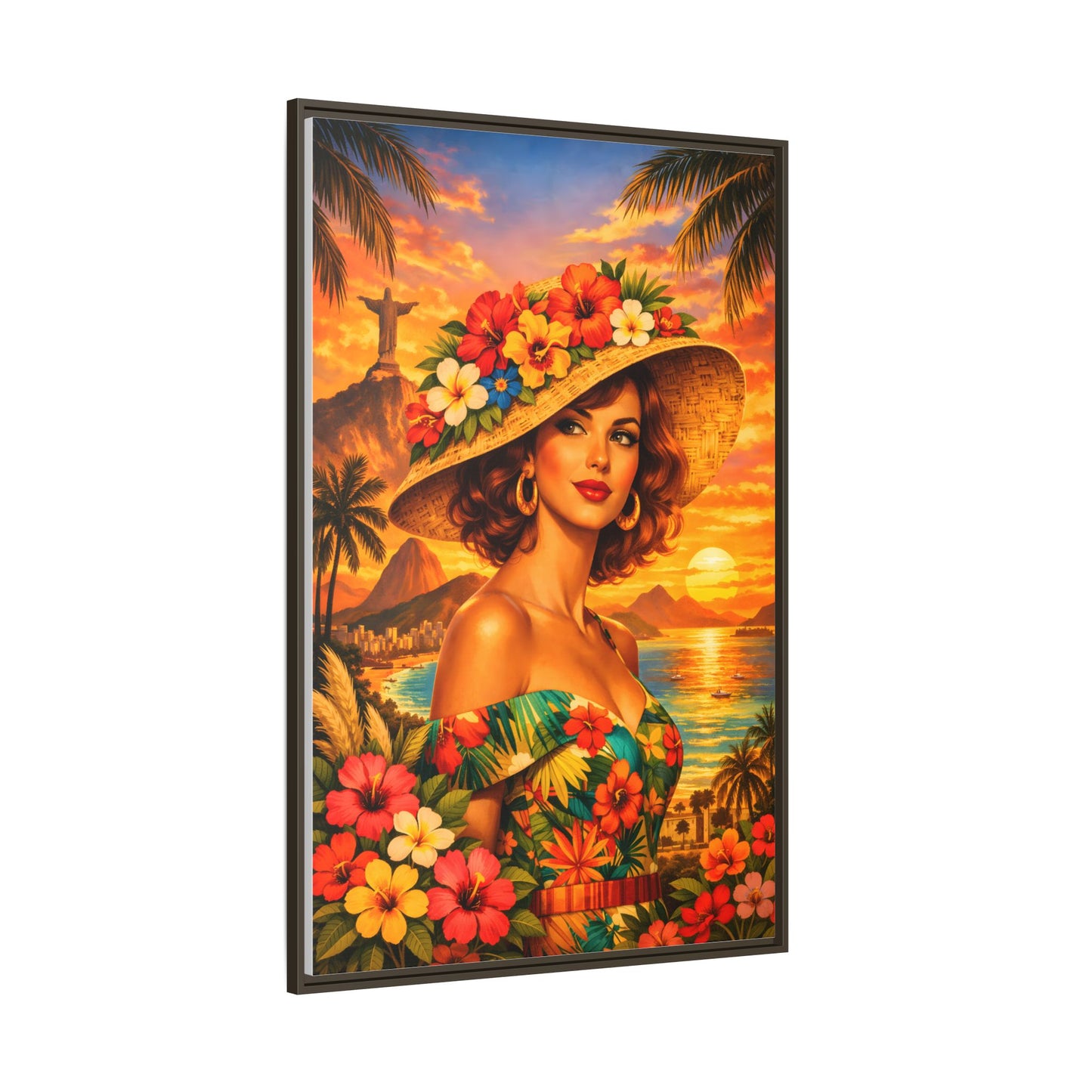 Elegant glamorous vintage woman in Rio de Janeiro front of Christ the Redeemer statue, retro Brazilian travel fashion illustration Canvas — Framed