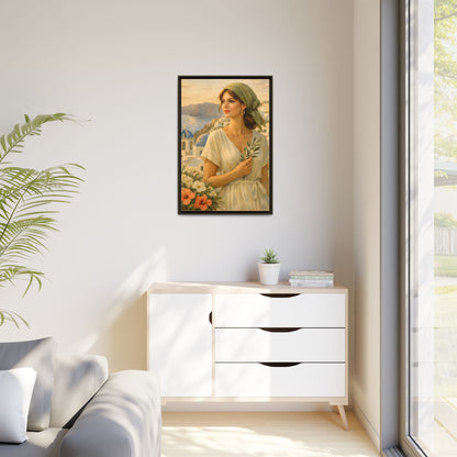 Oia Santorini Greek Woman Portrait — Romantic Vintage Framed Matte Canvas Art