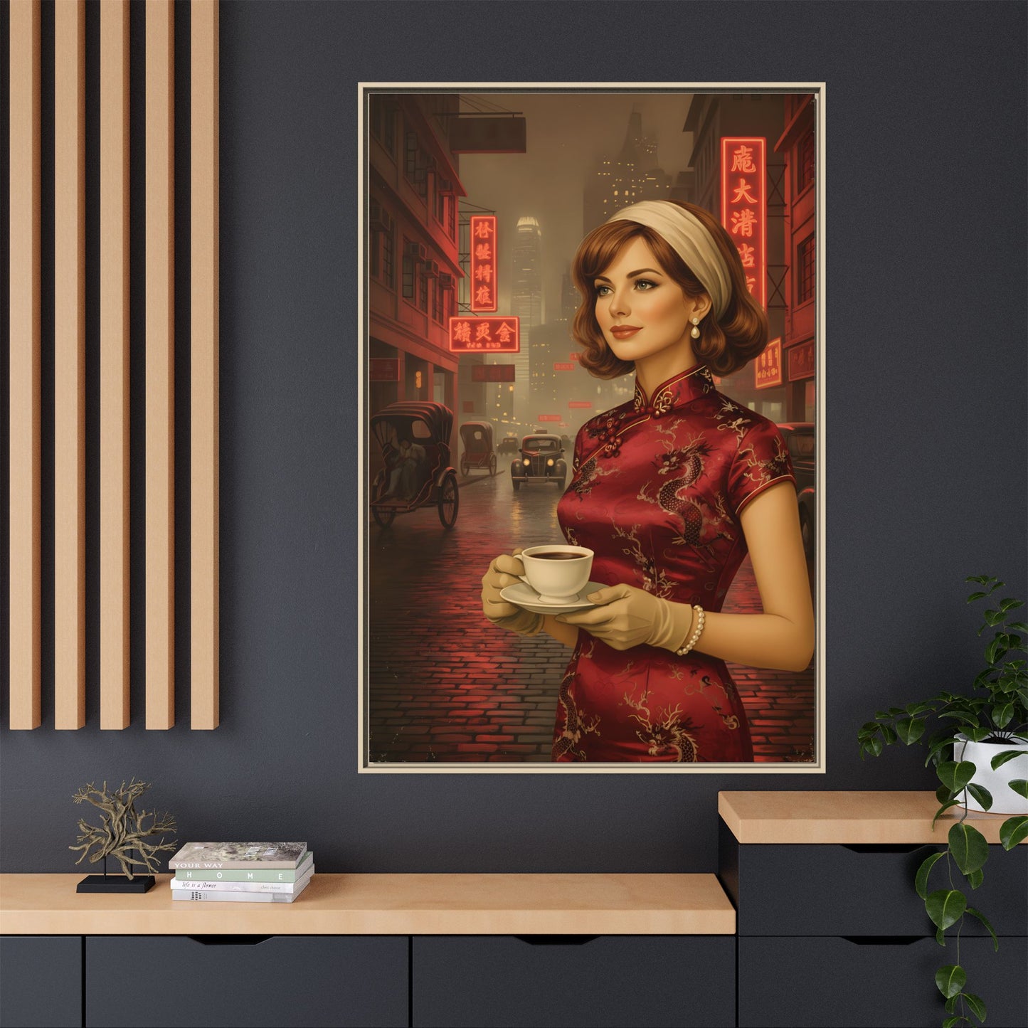 Elegant vintage woman drinking coffee on neon street in Hong Kong Canvas — Framed Matte Wall Art