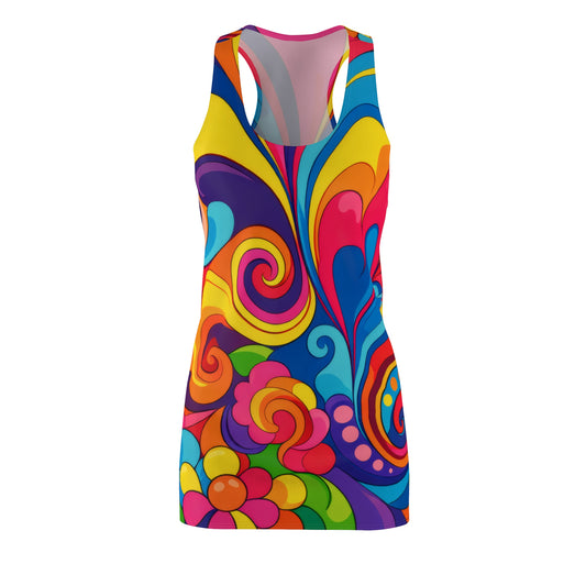 Psychedelic Floral Racerback Dress — Vibrant 70s Swirl Print