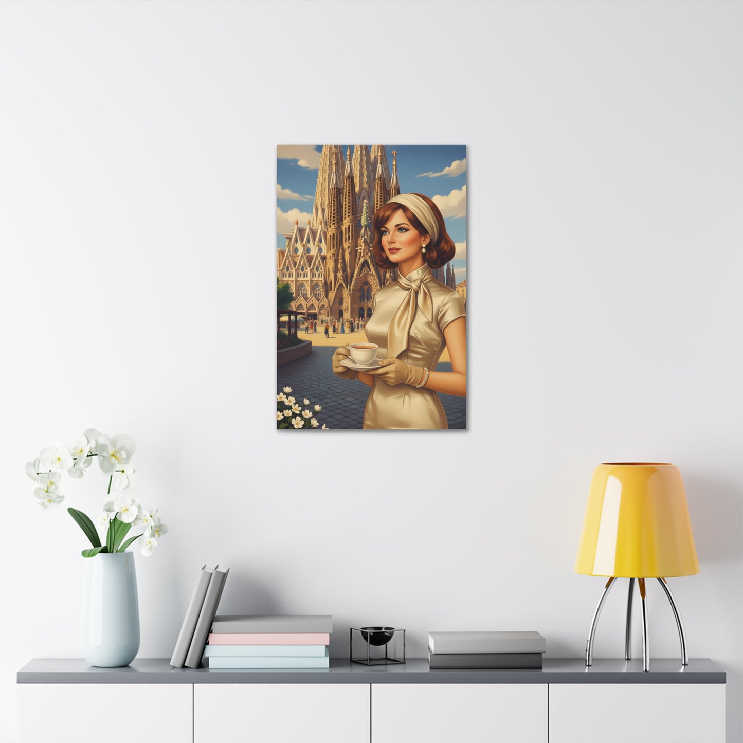 Elegant vintage woman drinking coffee in front of Sagrada Familia in Barcelona, retro fashion illustration Canvas Print - Stretched 1.5"