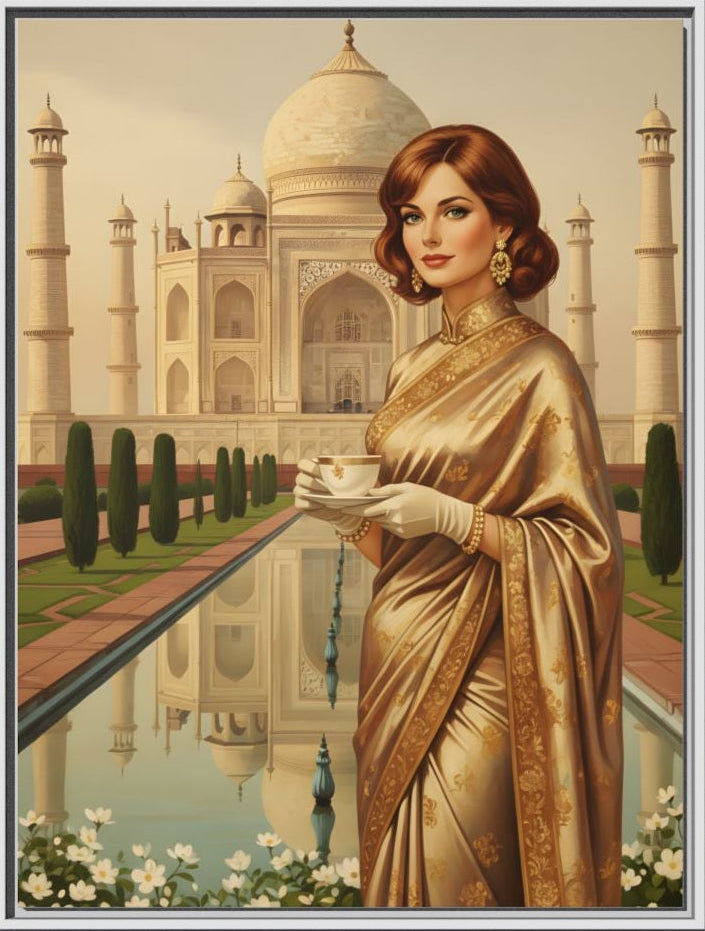 Framed artwork of a woman in a gold sari standing in front of the Taj Mahal on a dark wall.