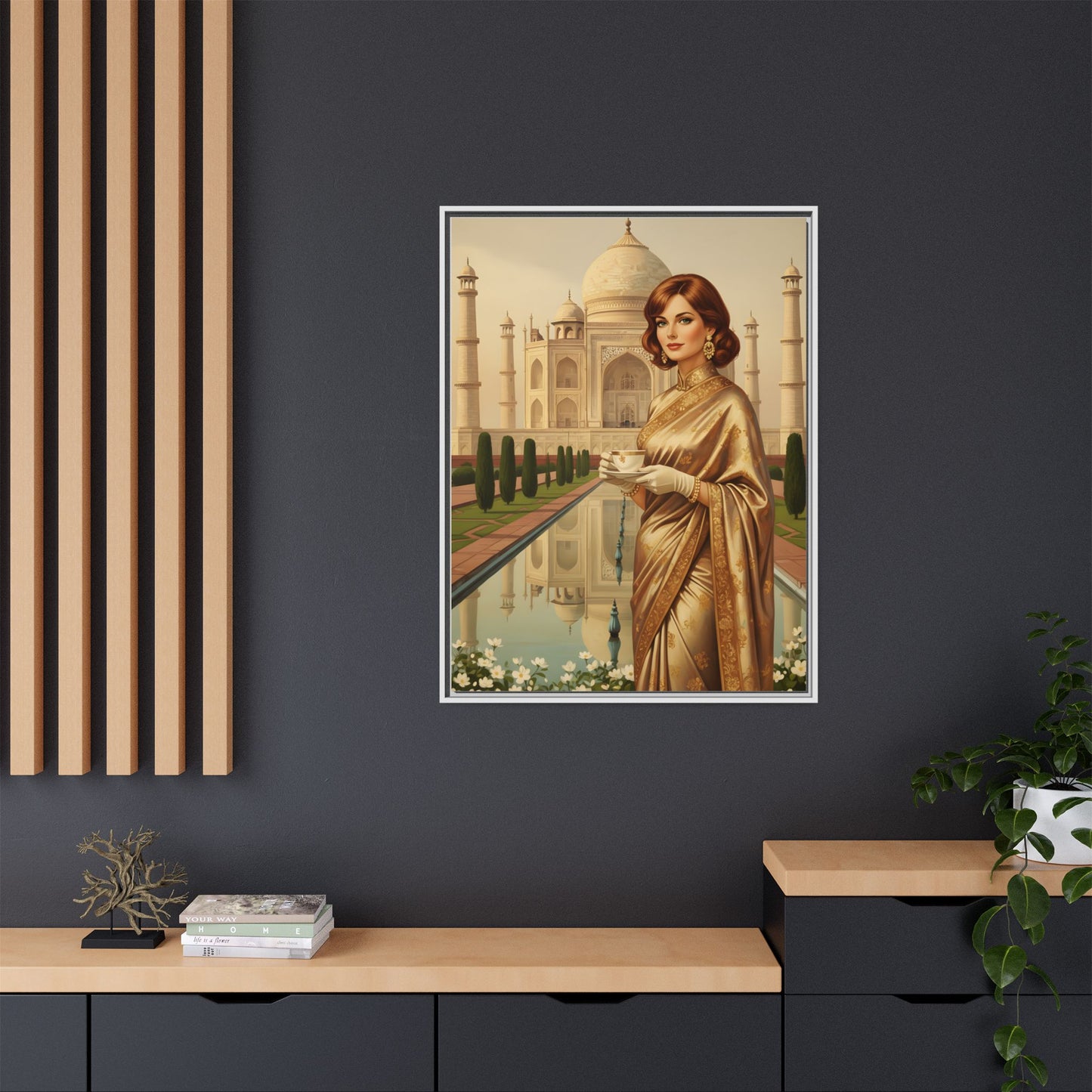Taj Mahal Woman Portrait Matte Canvas — Framed Vintage Indian Travel Art