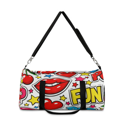 Pop Art Duffel Bag — Retro Hearts, Cherries & Lip Graphic Travel Bag