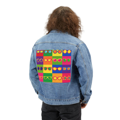 Men's Denim Jacket — Colorful Pop Art Sunglasses Back Print | Retro Warhol Style