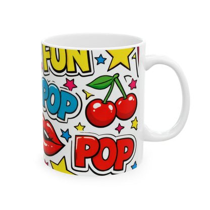 Pop Art Comic Ceramic Mug | Fun Hearts & Lips Coffee Cup (11oz, 15oz)