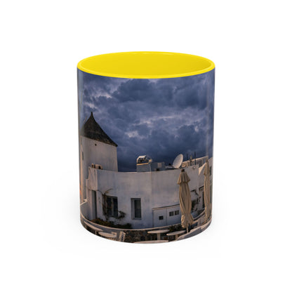 Santorini Windmill Storm Coffee Mug | Dramatic Sky Greek Travel Gift