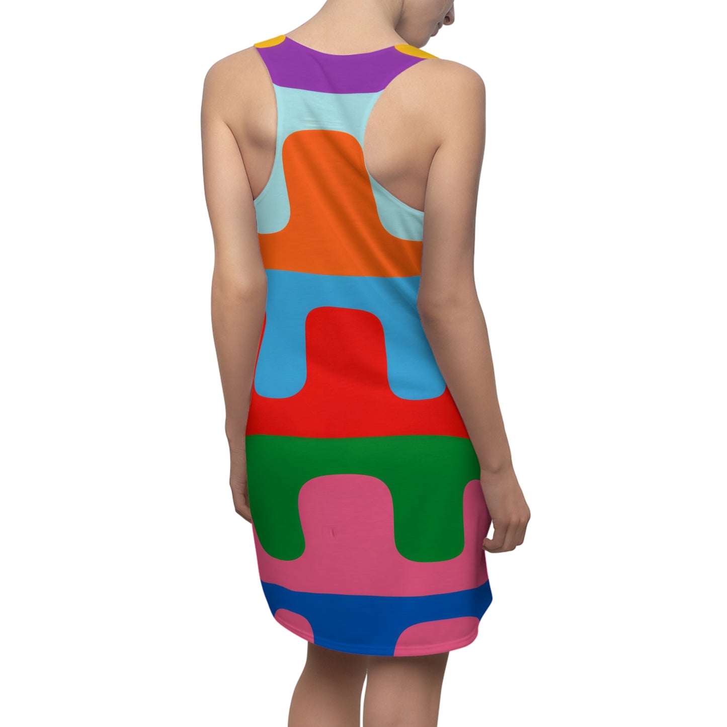Colorful Retro Block Pattern Racerback Dress — Bold Geometric AOP Summer Dress