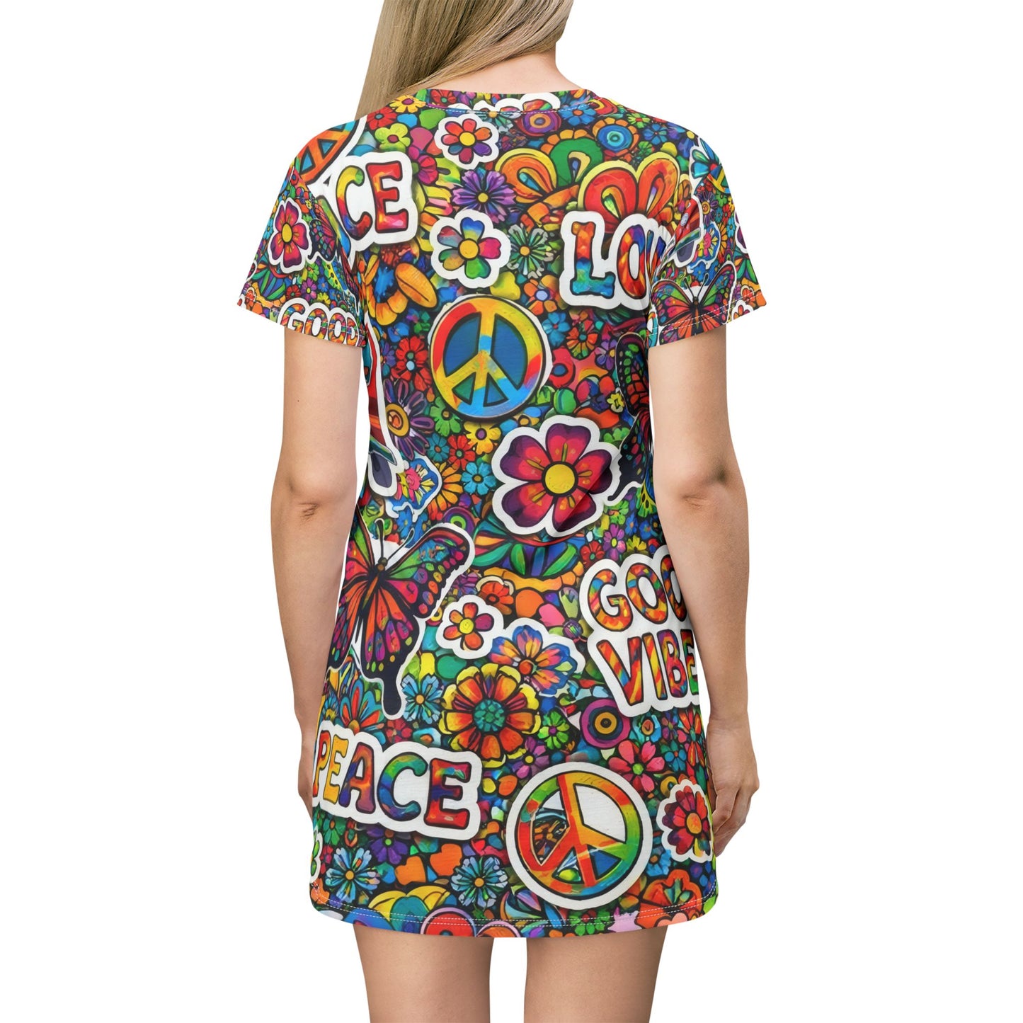 Peace & Love Hippie T‑Shirt Dress — Good Vibes All‑Over Print