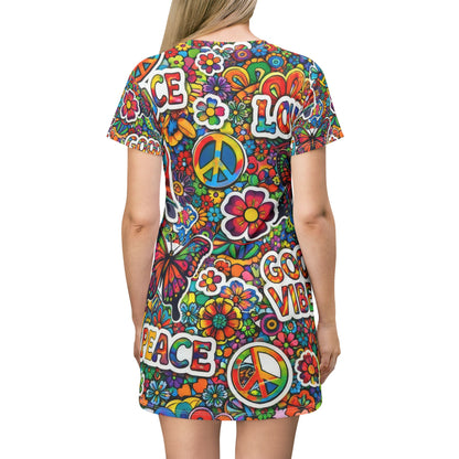 Peace & Love Hippie T‑Shirt Dress — Good Vibes All‑Over Print