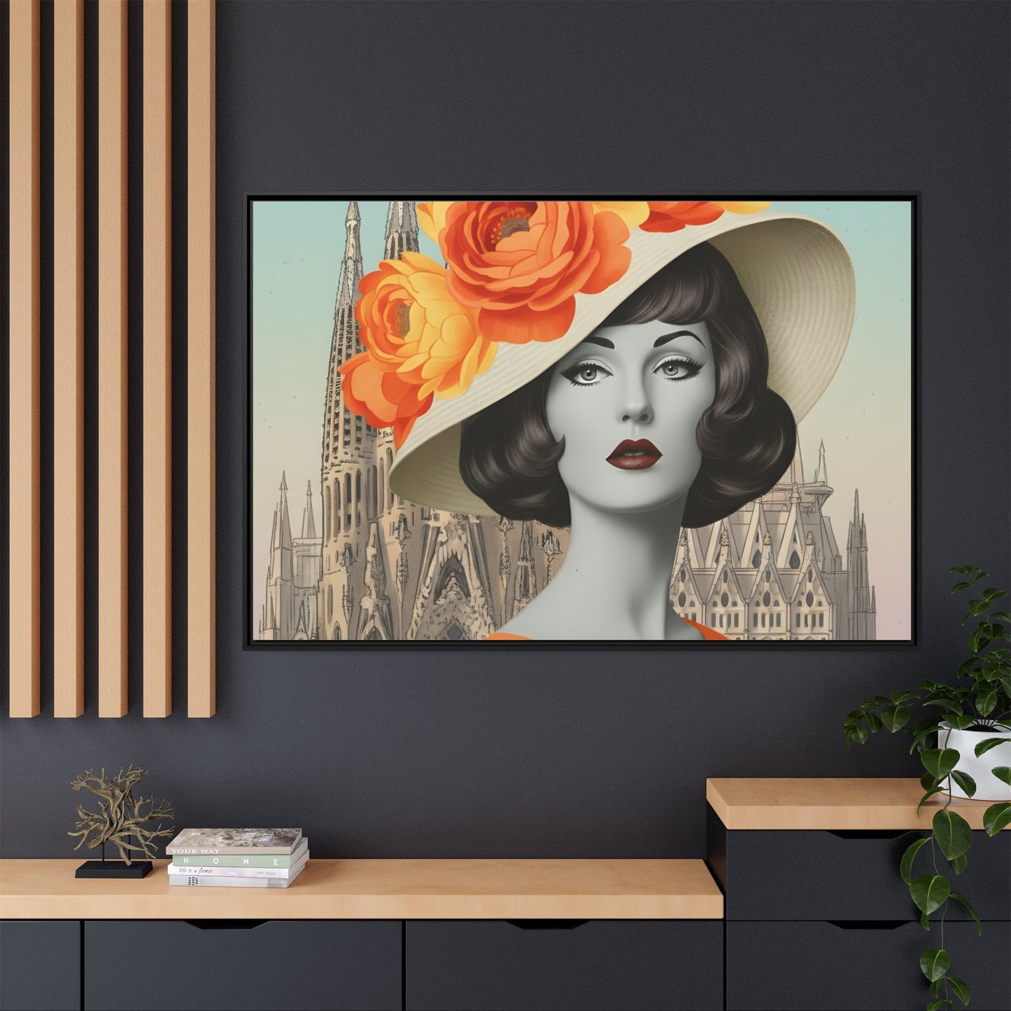 Elegant Vintage Woman with Coffee in front of Sagrada Familia in Barcelona — Retro Pop Art Framed Matte Canvas