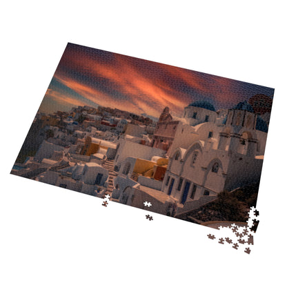 Santorini Sunset Jigsaw Puzzle, Oia Greece Blue Dome Game, Dreamy Mediterranean Sky Art, Greek Island Travel Gift, Aesthetic Scenic Puzzle
