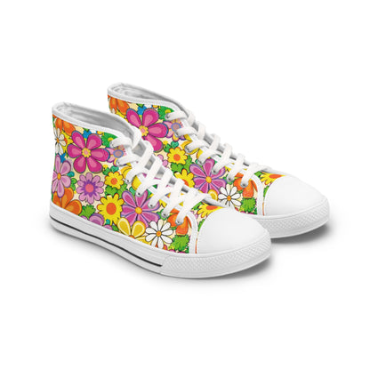 Women's Floral High-Top Sneakers — Retro 60s Daisy Print