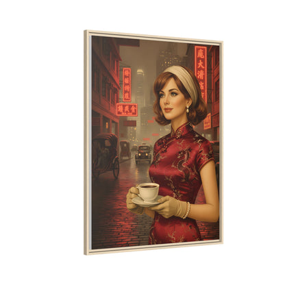 Elegant vintage woman drinking coffee on neon street in Hong Kong Canvas — Framed Matte Wall Art