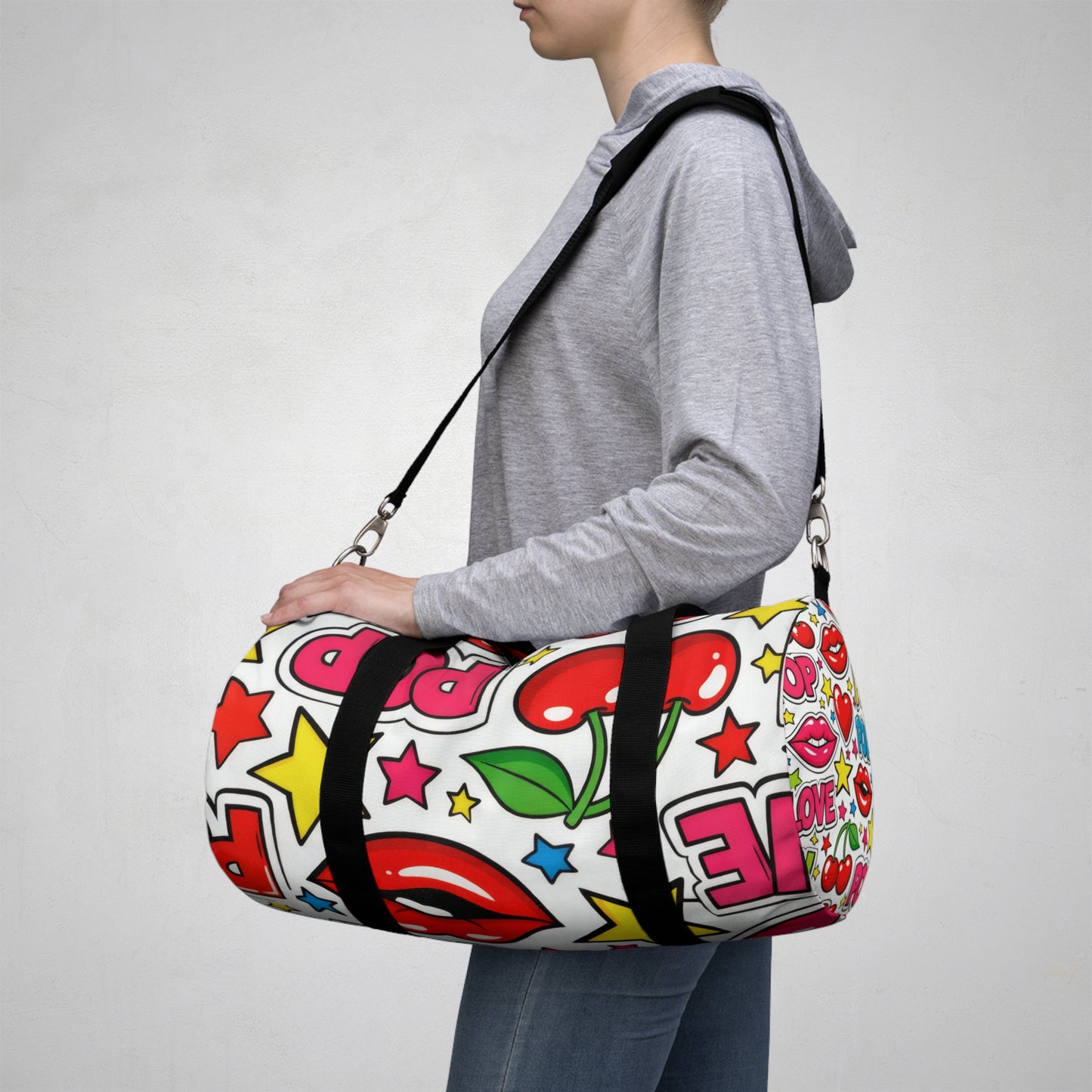 Pop Art Duffel Bag — Retro Hearts, Cherries & Lip Graphic Travel Bag