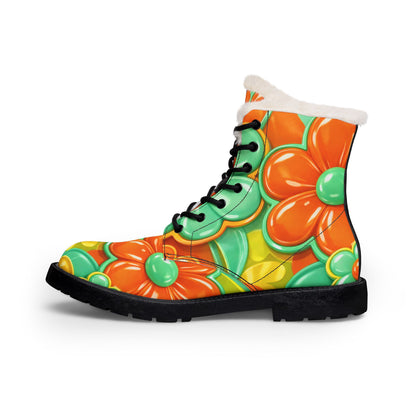 Floral Retro Orange & Green Fur-Lined Boots