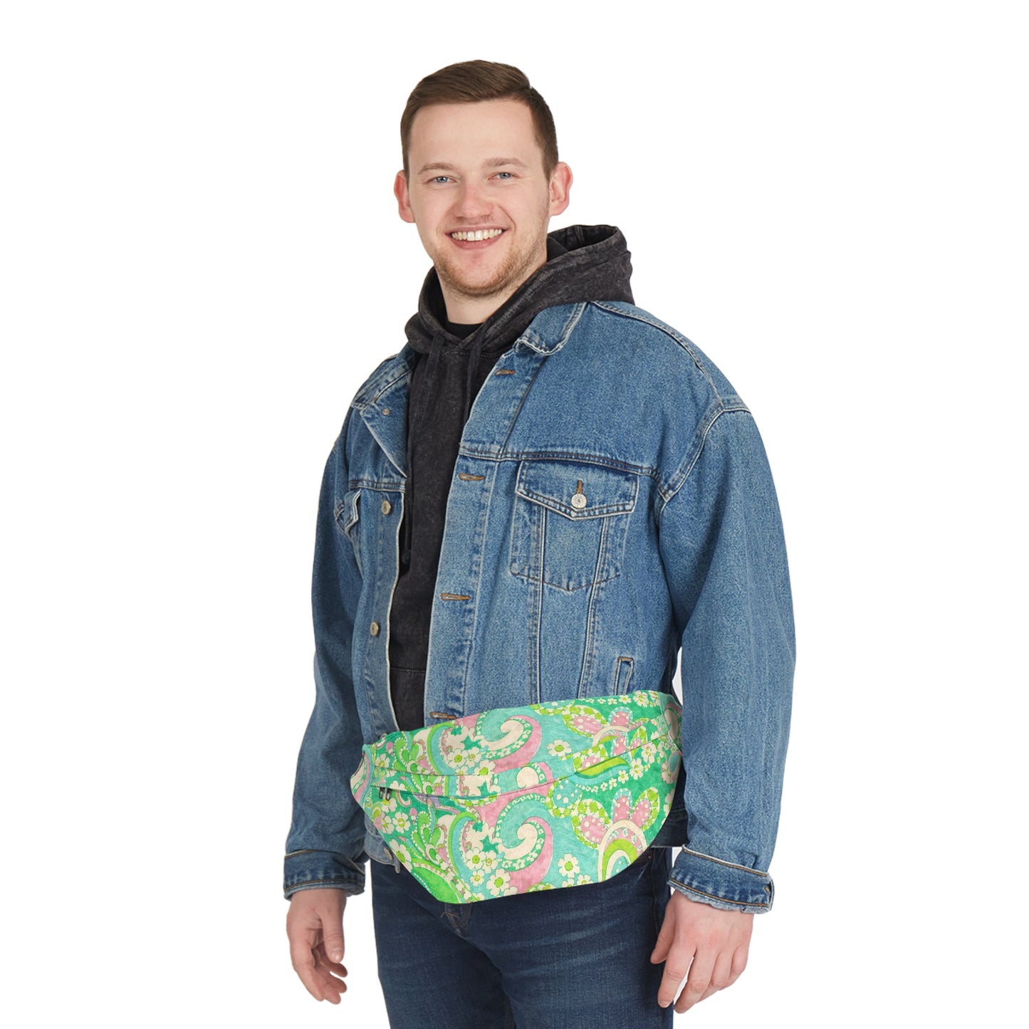 Green Paisley Large Fanny Pack — Retro Crossbody Waist Bag